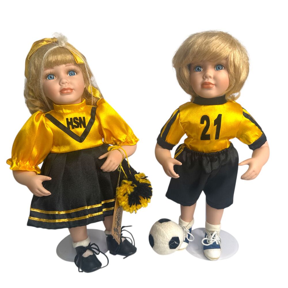 Vintage Tuss Dolls Cheerleader & Soccer Boy Set 1998 William Tung HSN